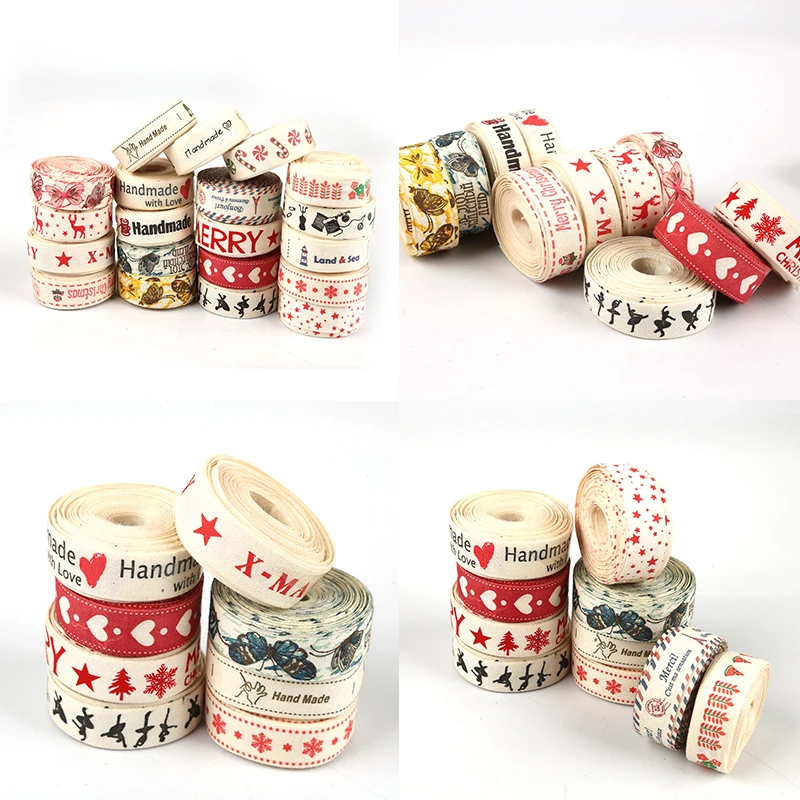 Лента хлопковая с надписью сердцем звездой бабочкой и рождественским принтом 5