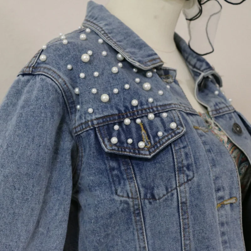 Streetwear Pearls Short Denim Jacket Single Breasted Black Jean Jackets Full Sleeve Basic Coat Women Casual Loose Outerwear 2018 | Женская