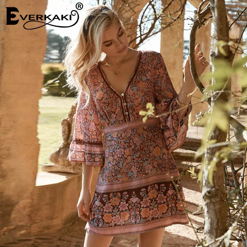 Rosy Red Dress Everkaki женское богемное мини-платье с цветочным принтом, хлопковое платье с v-образным вырезом и рукавом три четверти, богемное летнее платье для женщин, осень - Цвет: Rosy Red Dress