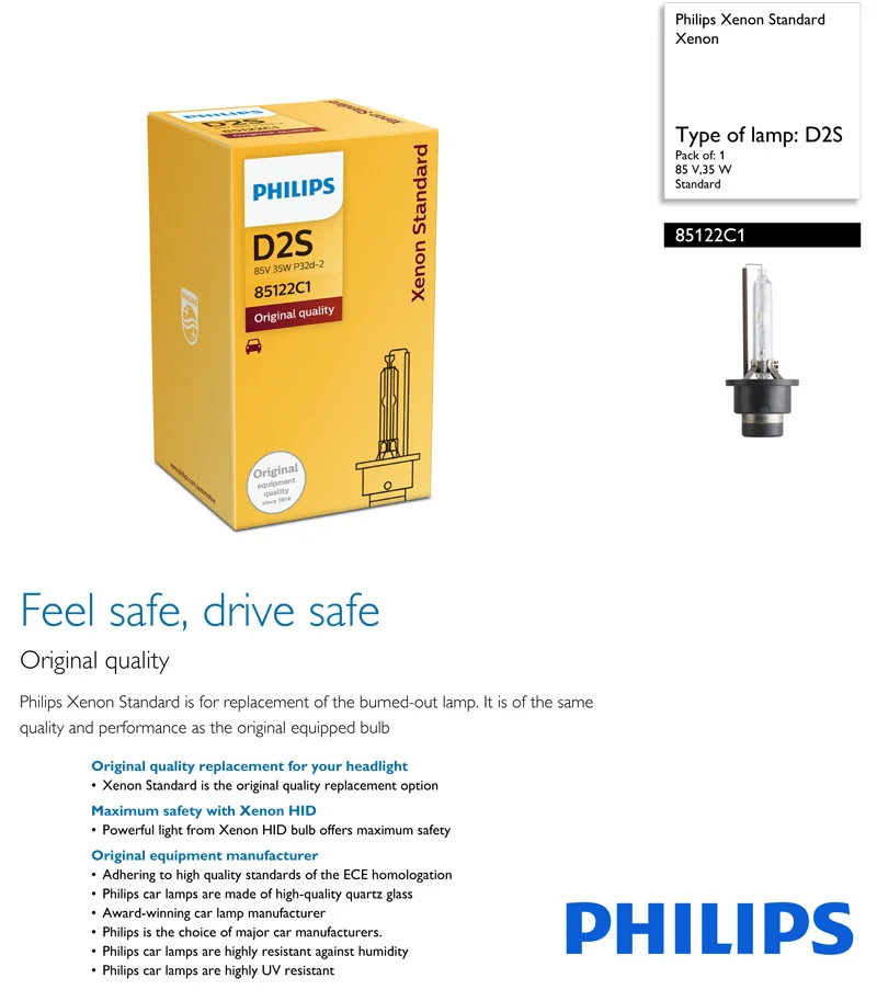 Philips Xenon стандарт D2S 85122C1 35 Вт оригинальные ксеноновые HID фары автомобиля лампы авто лампы ECE OEM качество(один