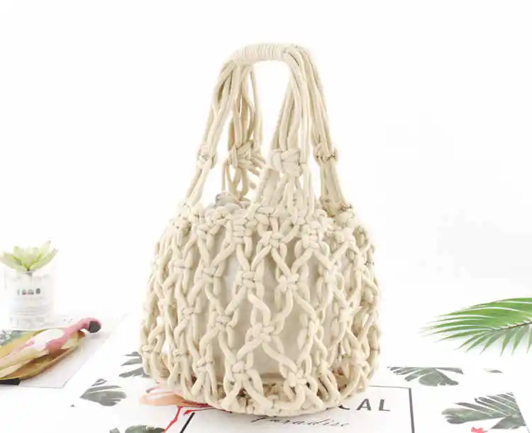 beige white Новая соломенная сумка, Плотная хлопковая тканая сумка, портативная хлопковая Сетчатая Сумка, повседневная сумка, пляжная сумка - Цвет: beige white