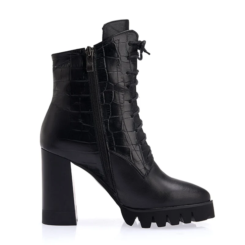 FITWEE черный Женские ботильоны из натуральной кожи Зимняя обувь в западном стиле