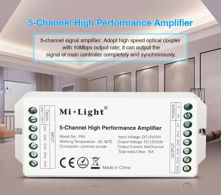 

Mi Light PA5 DC12V-24V 15A 5-Channel High Performance Amplifier Series Controller And all PWM Type Led Controller For LED strip