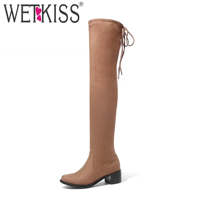 WETKISS/Большие размеры 34-43, женские пикантные эластичные ботфорты выше колена высокие сапоги до бедра из искусственной замши на квадратном каблуке женская зимняя обувь женская обувь