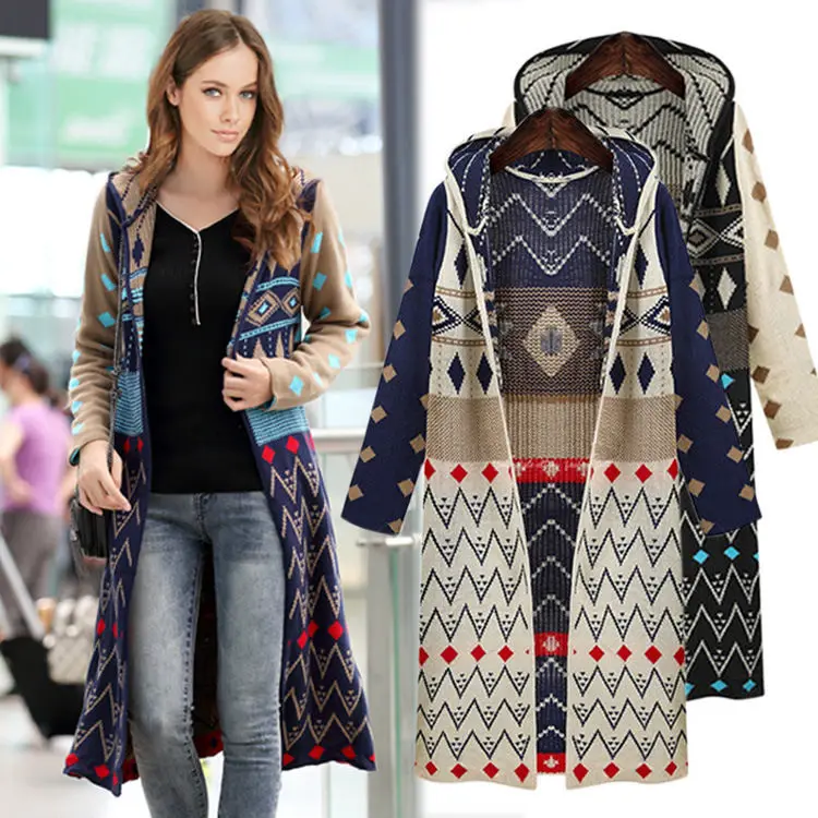 Hot Sale Ladies Long Knitted Cardigan Loose Casual Hooded Geometric Jacket Coat Boho Sweater Free Shipping |