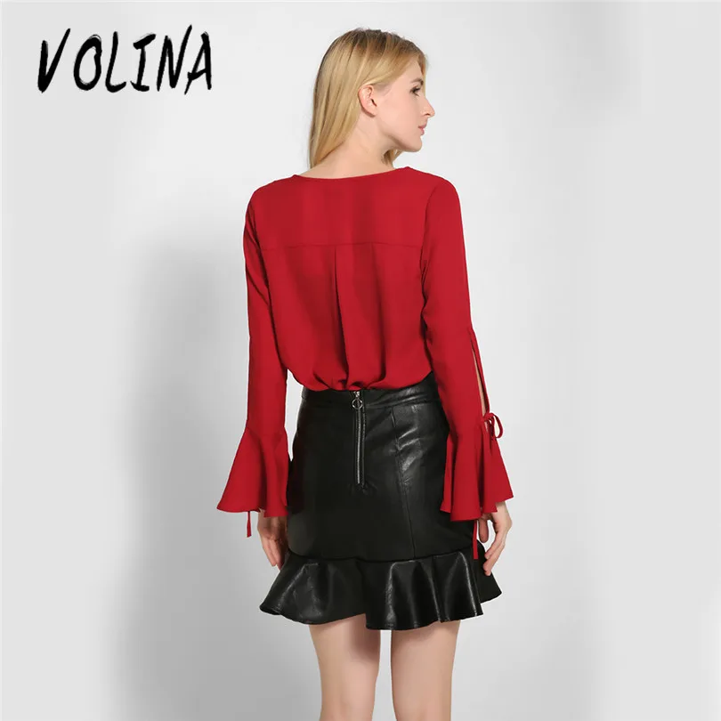 VOLINA chiffon shirt women tops long sleeve Flare red black ladies shirts summer hollow out plus size female fashion | Женская одежда