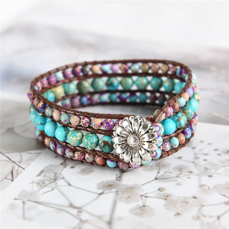 Женский трехслойный браслет Boho круглой формы Императорский камень с одним