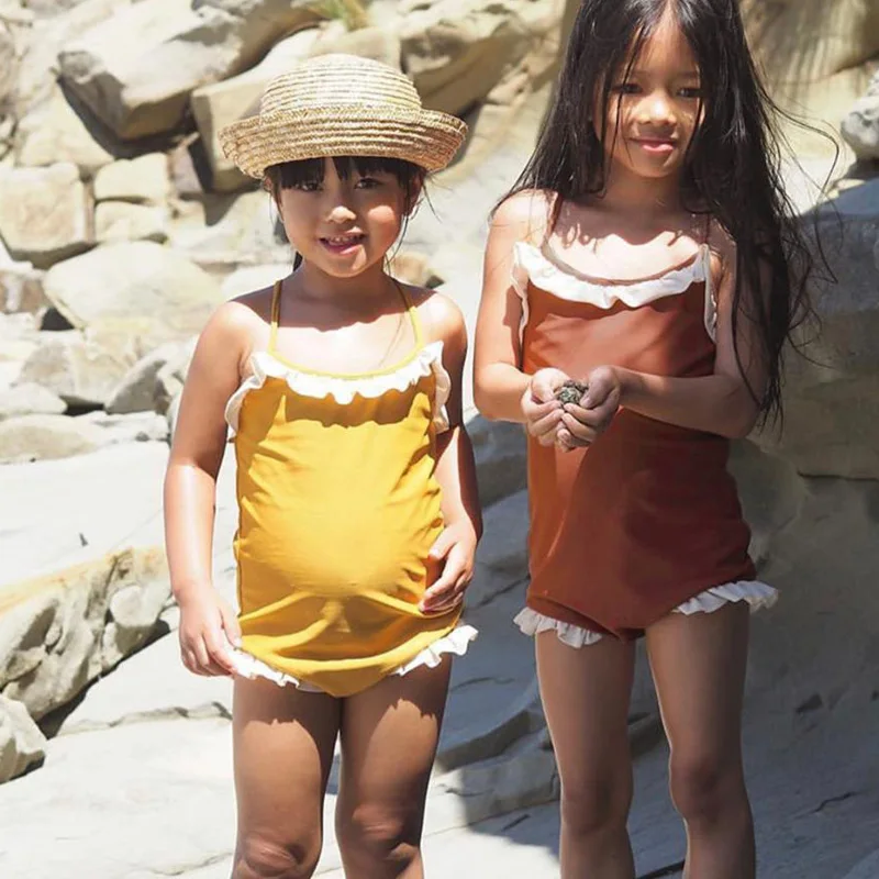 Купальник для девочек 2019 однотонный слитный купальник с оборками детский