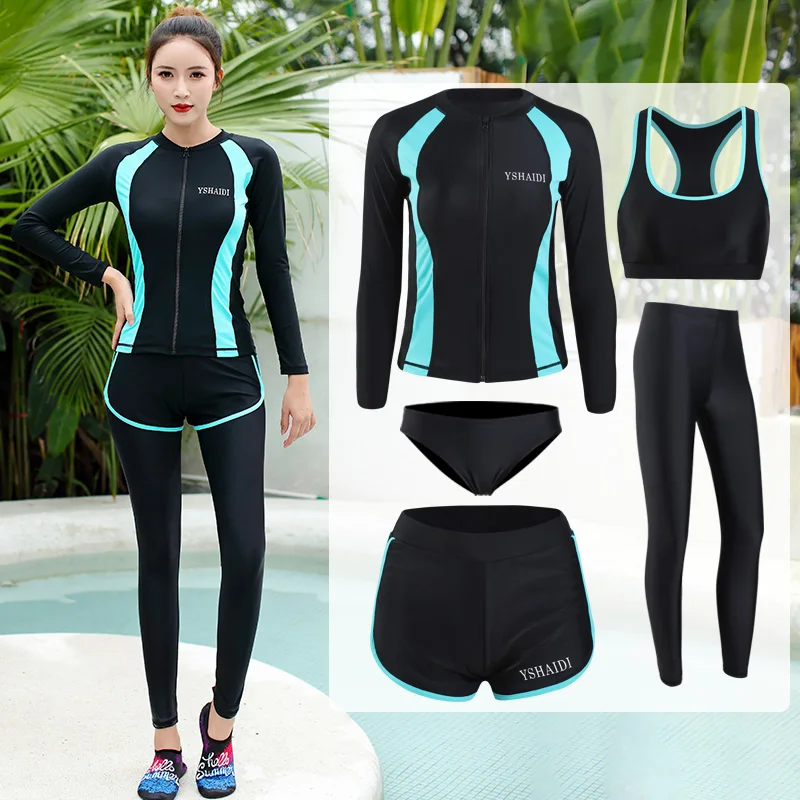 Swimwear Women's Swim Fitness Rush Guard Outdoor Sports Swimming Diving Surfing 5-Piece Set Long Sleeve Leggings Shorts Bikini