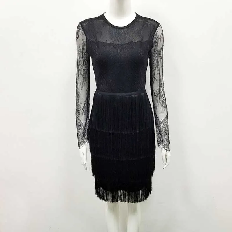 

Wholesale 2020 Newest Women dress Black and red Long sleeve tassel Fashion casual Celebrity party bandage dress (H2833)