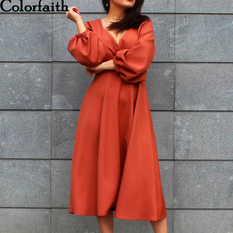 Женское винтажное платье с квадратным вырезом Colorfaith длинное пуговицами в стиле