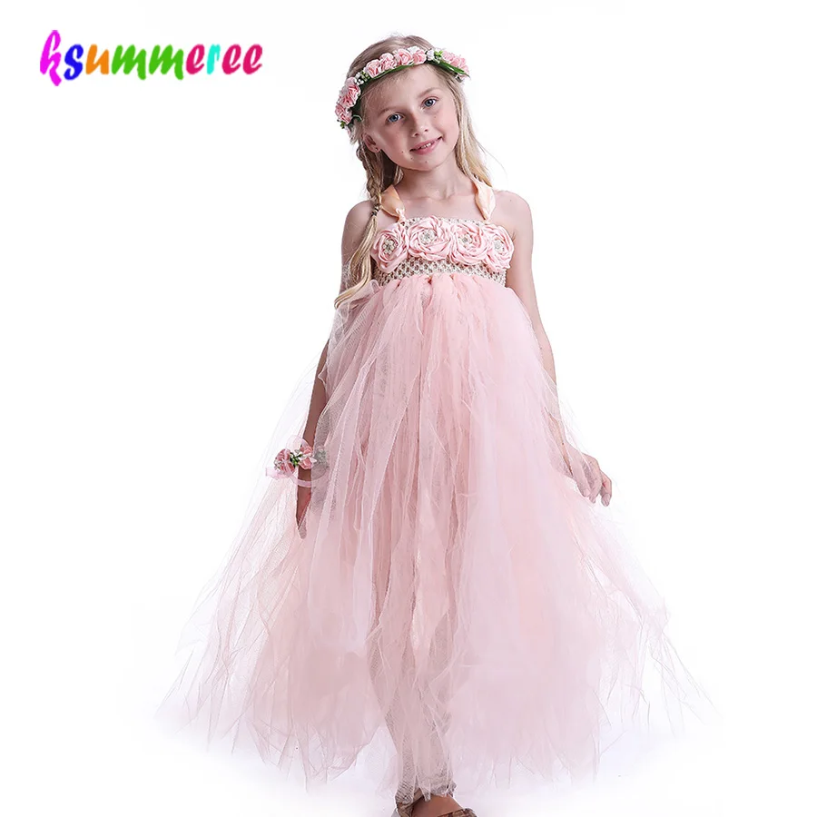 Girls Princess Peach Flowers Tutu Dress 2018 Summer Children Floral Bridesmaid Wedding Ball Gown Baby Birthday TUTU Clothing | Детская