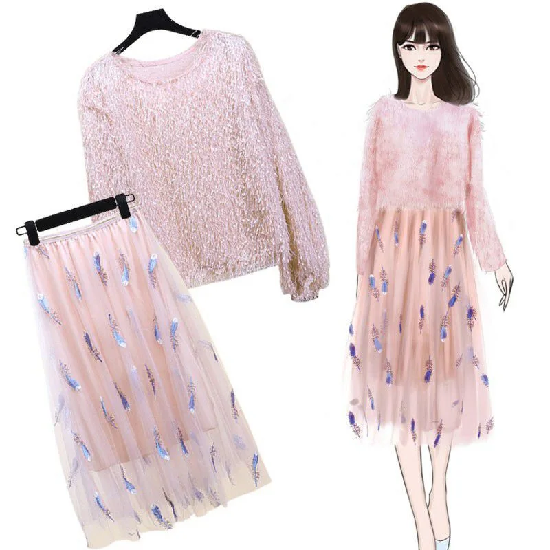 Корейский женский комплект из двух предметов сетчатая юбка наряды на день