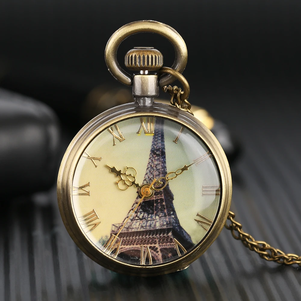 

YISUYA Eiffel Tower Pendant Chain Pocket Watch Men Kid Retro Necklace Quartz Watched Hand Around Women Clock Skull Punk Gift