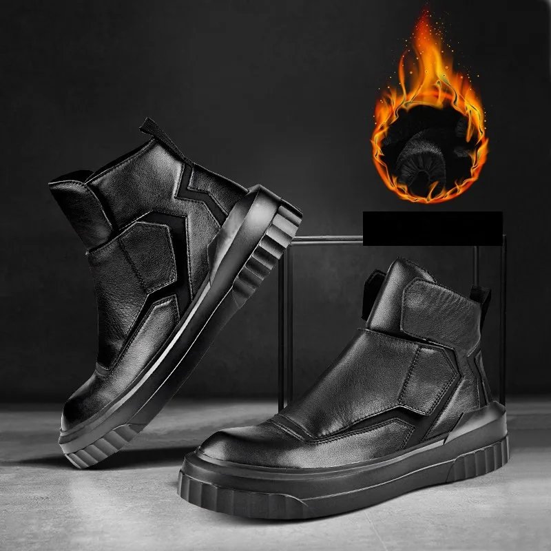 black fleece lining Брендовая мужская высокая обувь; коллекция года; ботильоны из натуральной кожи в британском стиле; роскошные кроссовки; ботинки в байкерском стиле; зимние мужские кроссовки - Цвет: black fleece lining