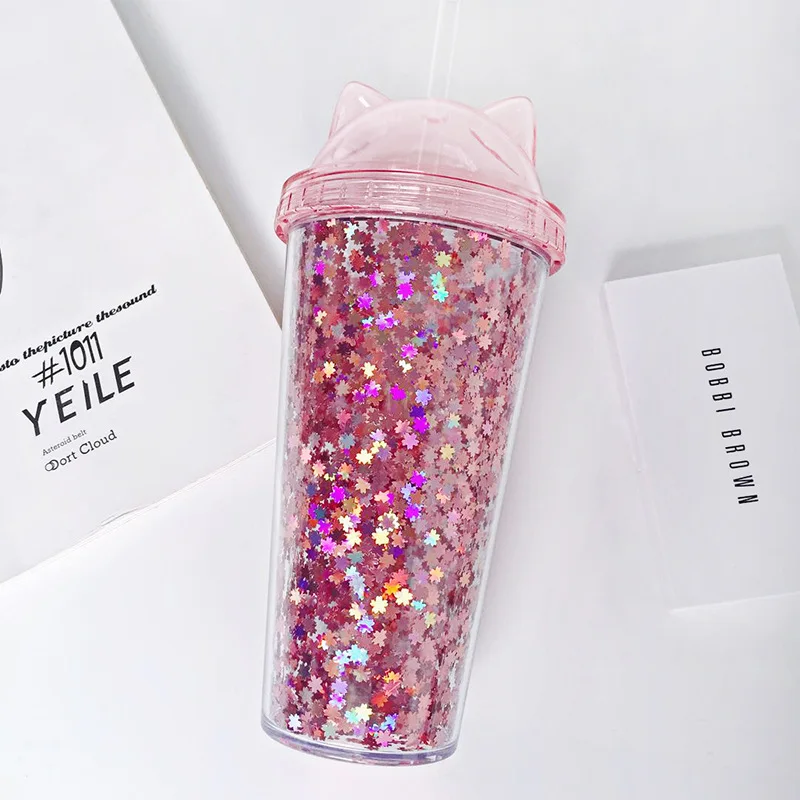 PINK Новая креативная пластиковая BPA Хрустальная бутылка для воды флэш кошачьими ушками двухслойная Питьевая Бутылка Чашка для воды подарок детская посуда для напитков - Цвет: PINK