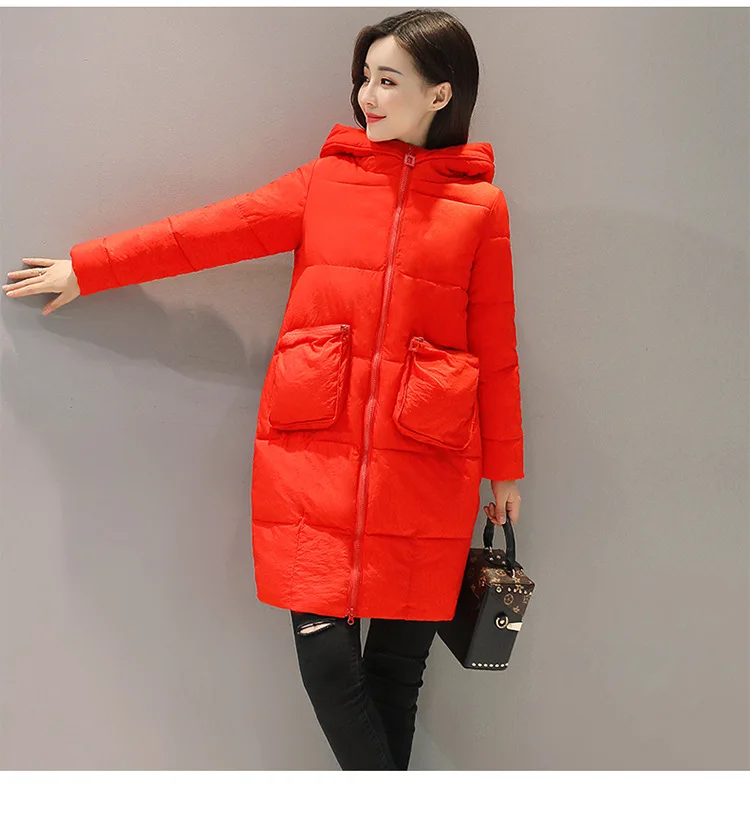 Зимнее пальто для женщин хлопковая стеганая куртка длинные красные с капюшоном