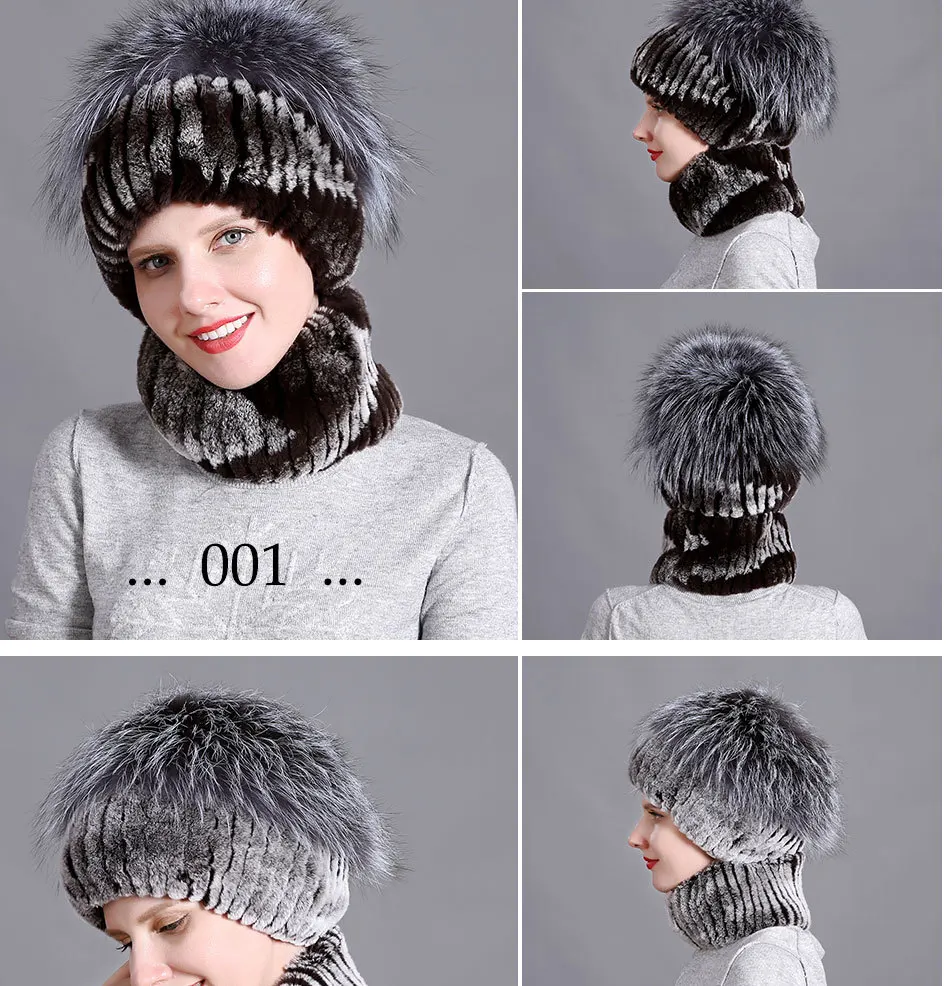 DUOUPA Women fur hat scarf set for winter natural rex rabbit fur scarf and hat solid color brand new street shoot hat and scarf