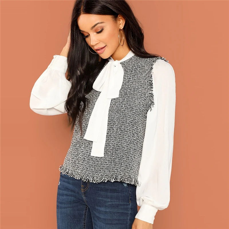 SHEIN Стильная Офисная Блузка С Бантом, Контрастная Блузка С Длинными Рукавами
