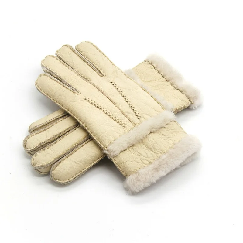 beige Зимние перчатки из натуральной овчины, женские теплые перчатки из натуральной овчины, кашемир мех, женские перчатки из натуральной кожи - Цвет: beige