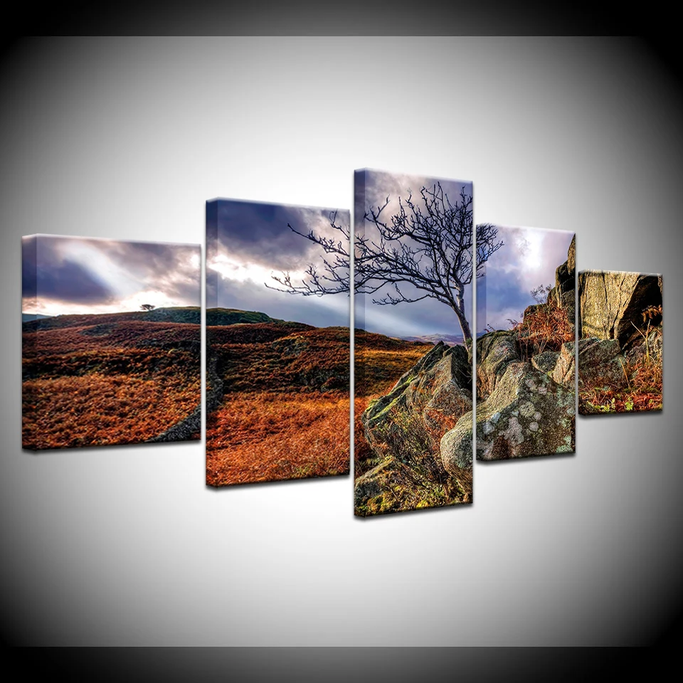

Modern Mountain And River Landscape Canvas Painting 5 Pieces Wall Art Spectacular Sunshine Wall Picture For Living Room