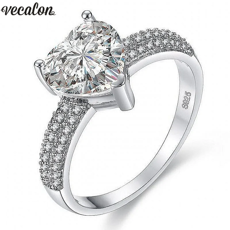Vecalon 3 вида цветов кольцо в форме сердца 5A Циркон Cz Стерлинговое Серебро 925 пробы