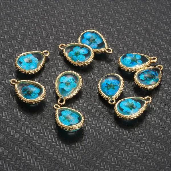 blue color 10 шт./лот стеклянные подвески с сушеными цветами подходят для ожерелья серьги подвеска в виде капли воды Форма Подвески для самостоятельного изготовления ювелирных изделий Аксессуары - Окраска металла: blue color