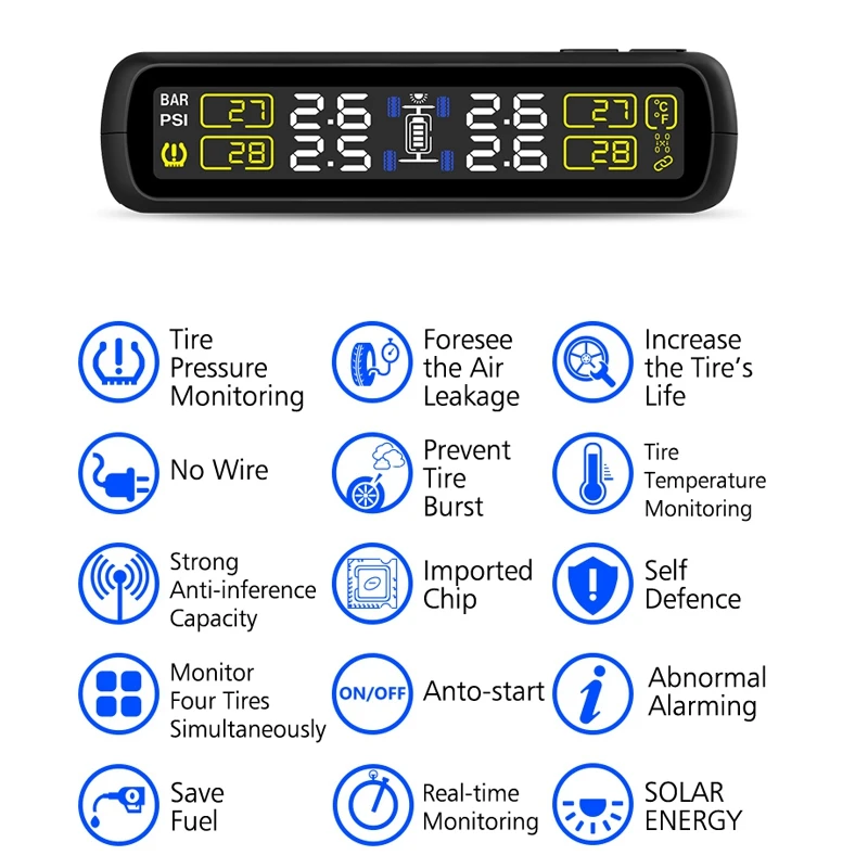 Careud Tpms Авто беспроводная система контроля давления в шинах Солнечная энергия цифровой ЖК-дисплей цветной дисплей с 4 датчиками
