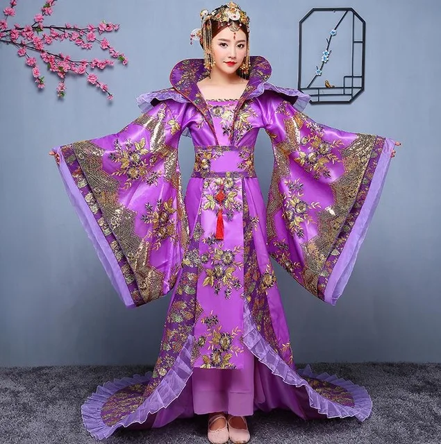 purple Высококачественное красное женское платье со стоячим воротником, благородное платье с хвостом, одежда королевы династии Тан, китайский древний костюм - Цвет: purple