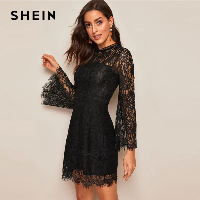 SHEIN, романтическое кружевное платье с рукавами-трубами и цветочным рисунком, женская одежда, весна, мини платье на молнии с рукавами-воланами, платья для вечеринок