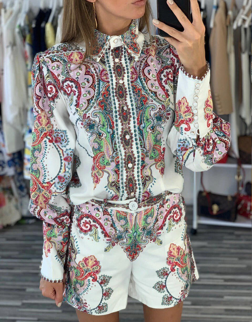 2019 Новое поступление винтажные женские комплекты с принтом цветочный узор топ