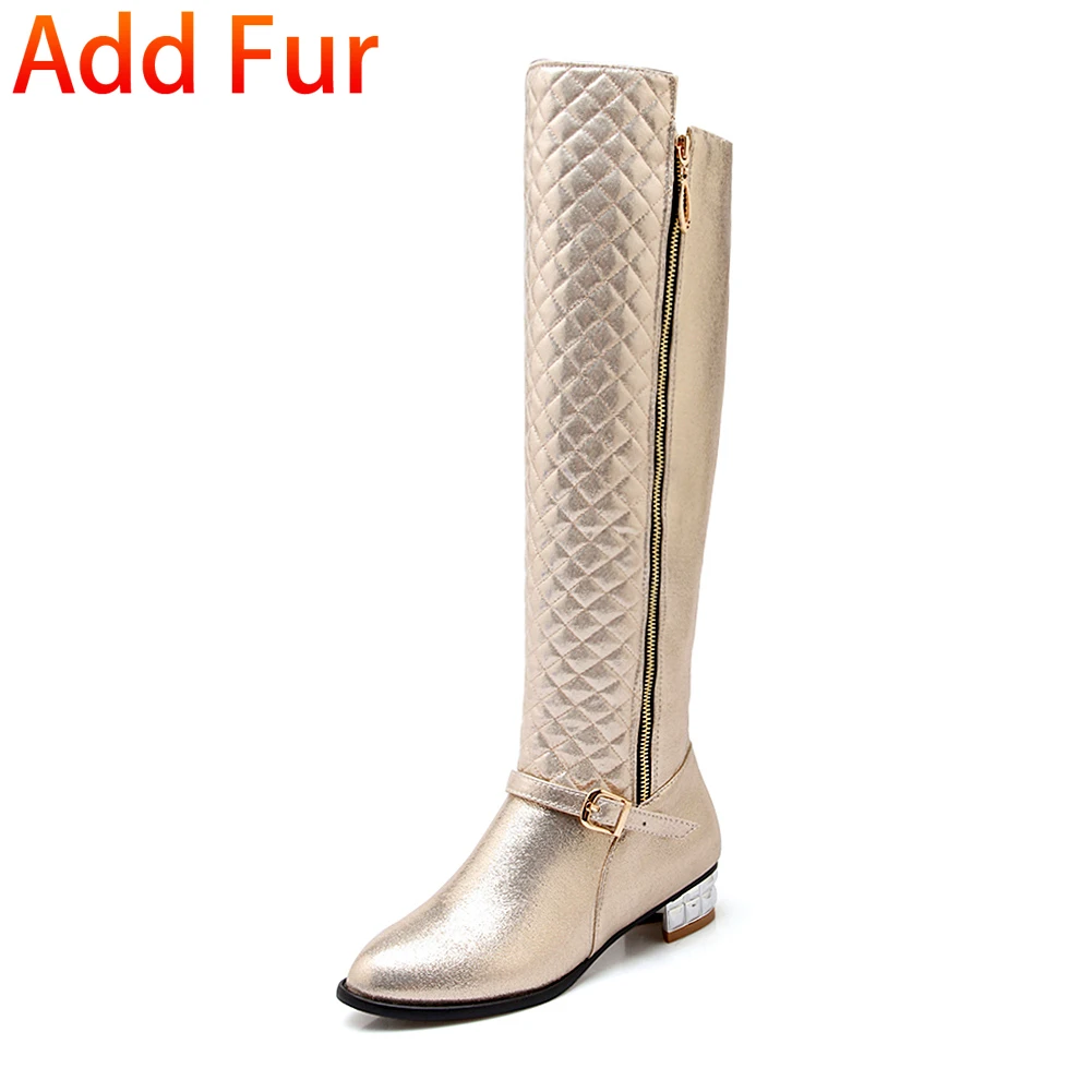 gold add thick fur DoraTasia/размеры 34-43, женские сапоги до колена, зимняя обувь на меху, женские теплые мотоциклетные ботинки на не сужающемся книзу массивном каблуке, с острым носком, на молнии - Цвет: gold add thick fur