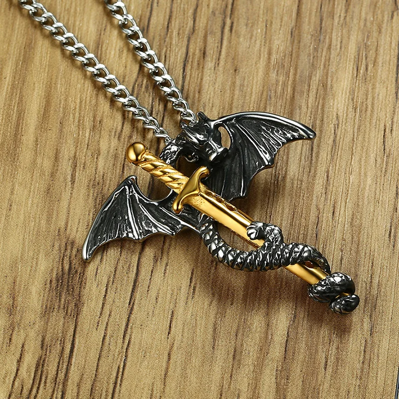 BIG J.W Gothic Pterosaur Sword Pendant Necklace for Men Cool Dragon Stainless Steel Punk Maxi Male Jewelry | Украшения и