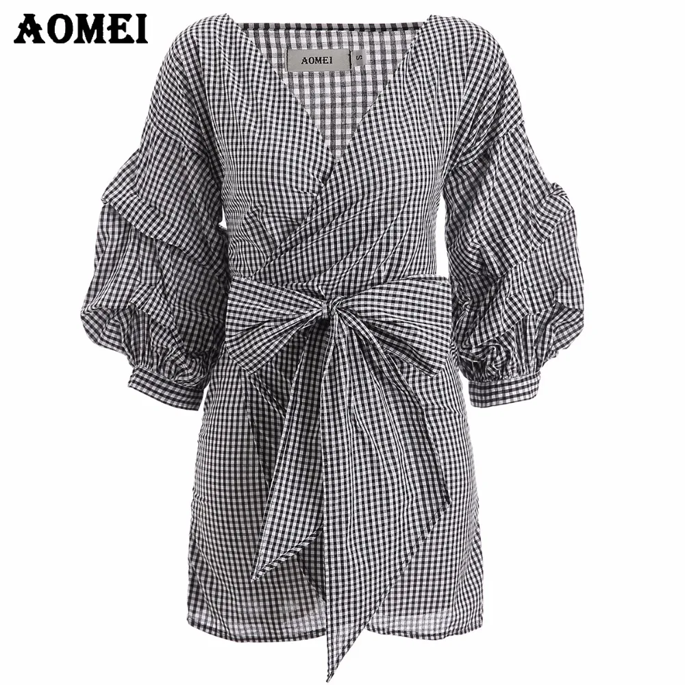 Женское клетчатое мини платье с поясом повседневное винтажное в стиле ретро