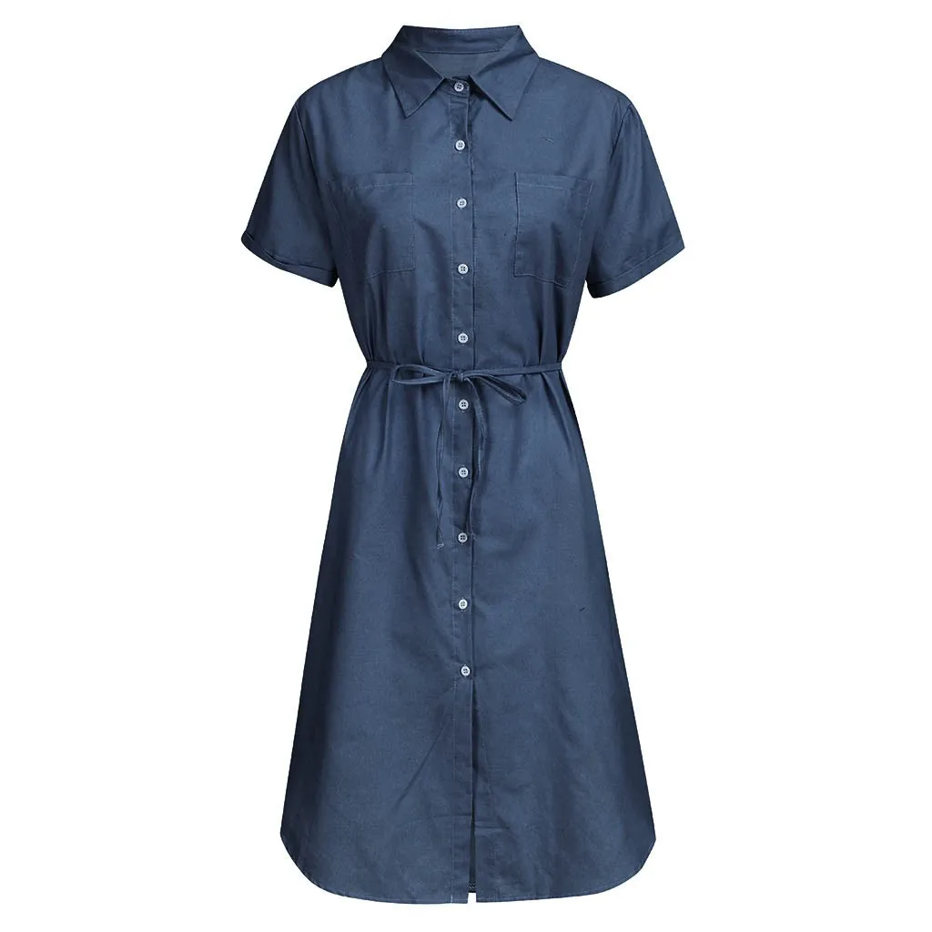 Женское летнее платье однотонное однобортное мини с короткими рукавами и поясом