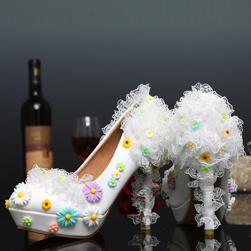 Туфли лодочки свадебные на высоком каблуке 12 см с кружевными цветами|flower bridal