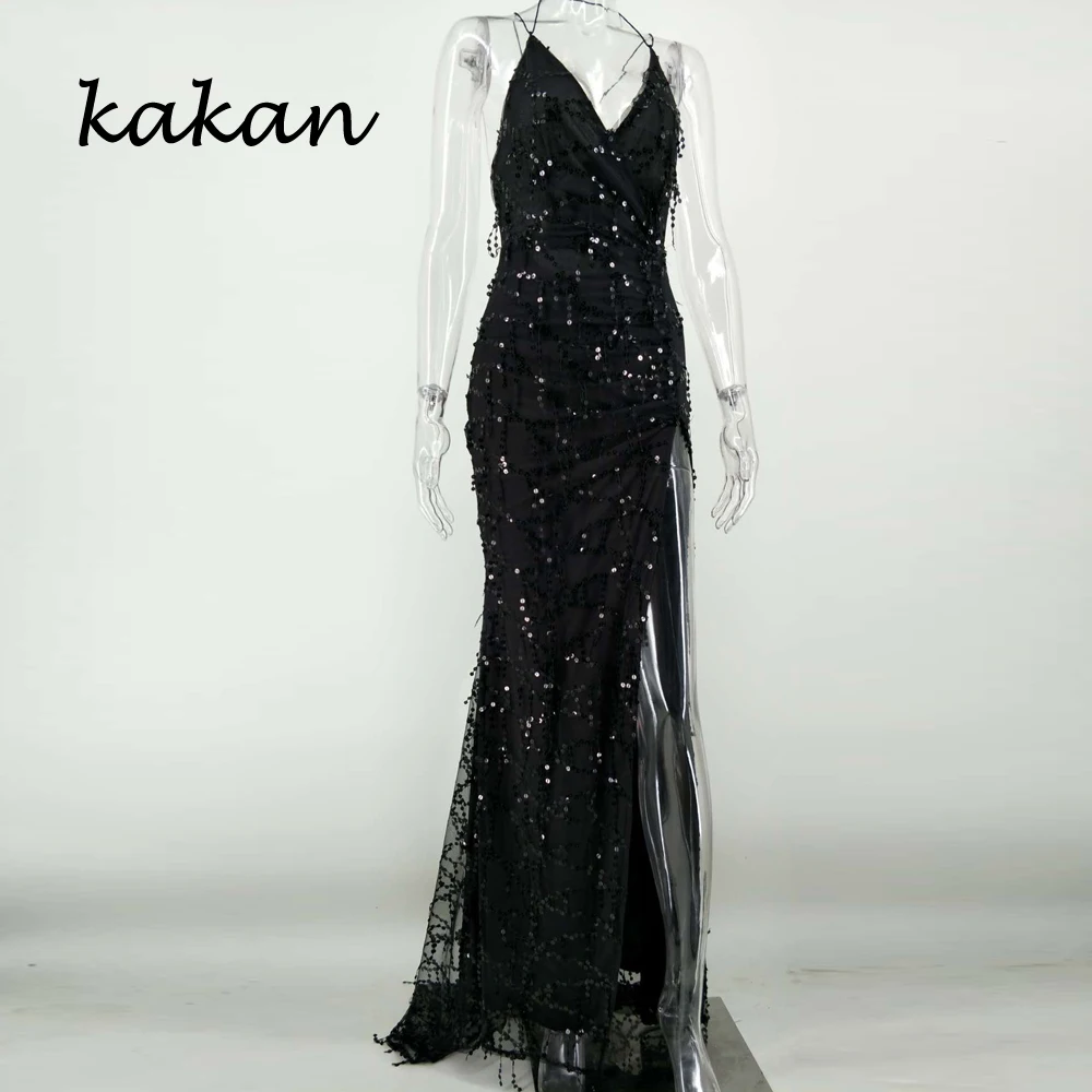 

Kakan 2019 new women's tassel sequin dress sexy club party dress tassels perspective back high slit dress