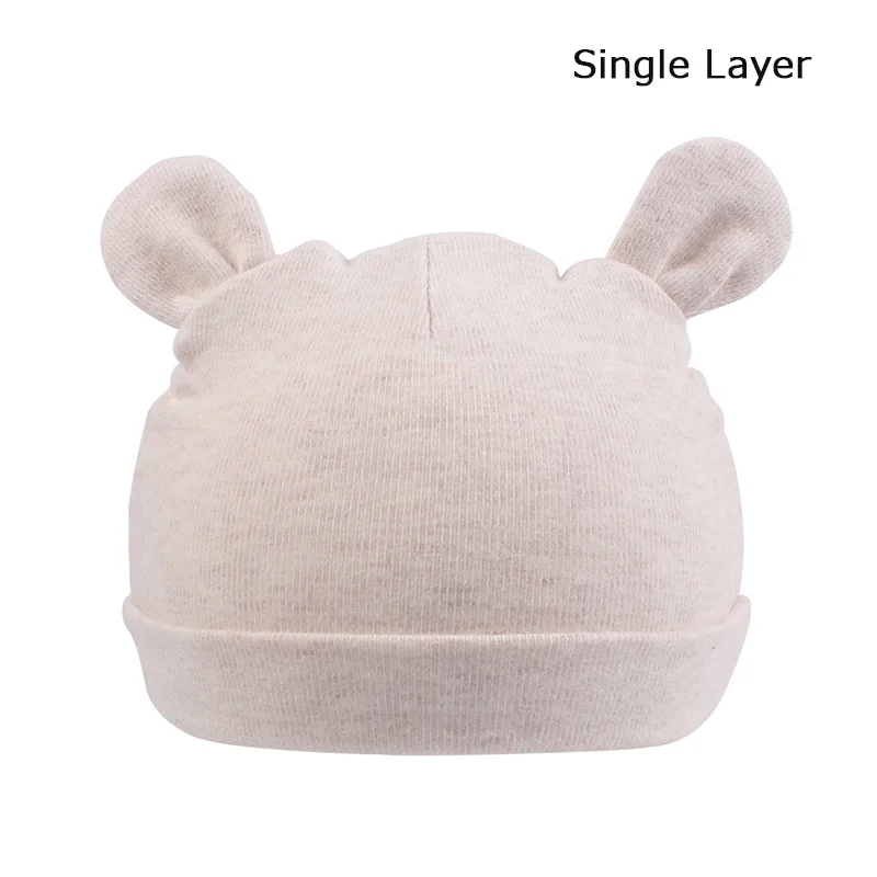 Single Khaki BearEar Милая шапочка для новорожденных; хлопковая однотонная шапка для новорожденных мальчиков; шапка с медвежьими ушками и кроличьими ушками для маленьких девочек; шапочка для новорожденных; сезон весна-лето - Цвет: Single Khaki BearEar