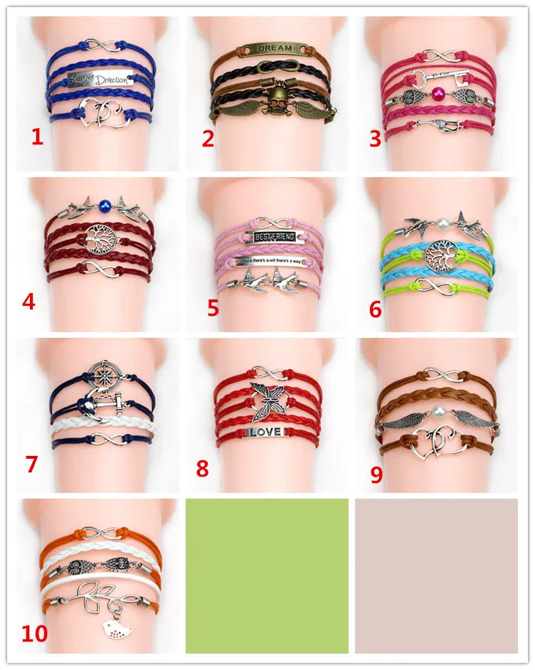 Double bird best friend vintage charm jewelry 2016 girls' fashion cheap leather multi-tier strand bracelet MFB069 mixed 12pcs |