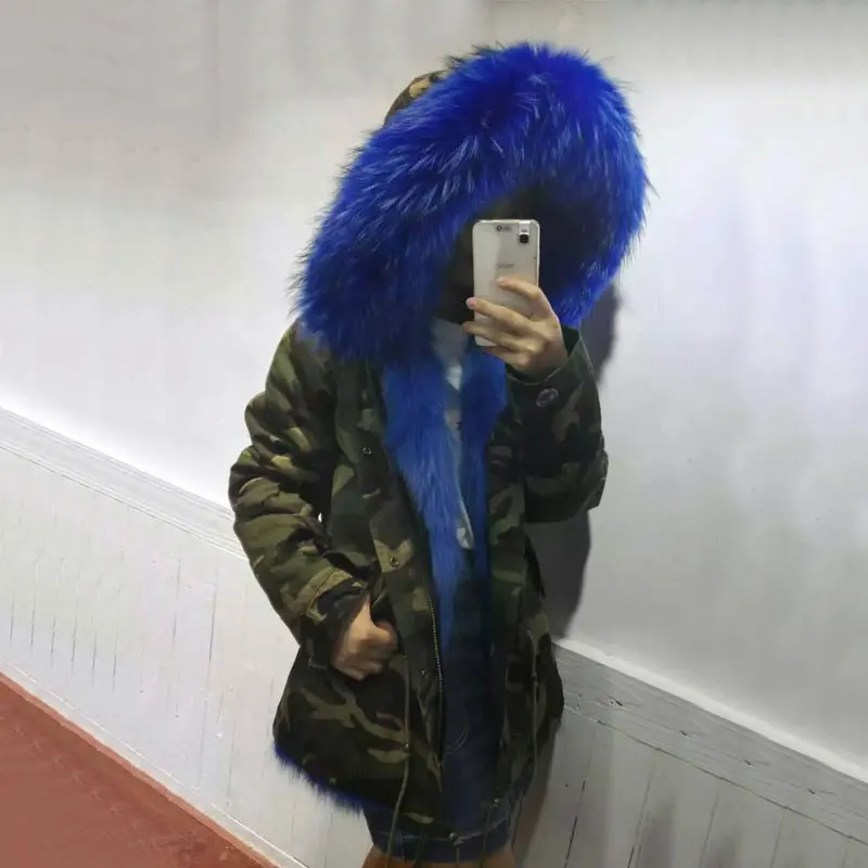 Камуфляжная парка куртка из синего лисьего меха зимняя с капюшоном енота