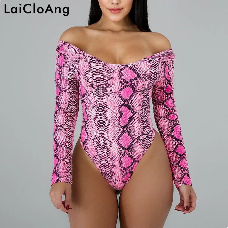As Shown LaiCloAng принт змеиной кожи обтягивающий сексуальный женский боди Весна длинный рукав хлопковый комбинезон женский с открытой спиной Повседневный обтягивающий костюм комбинезон - Цвет: As Shown