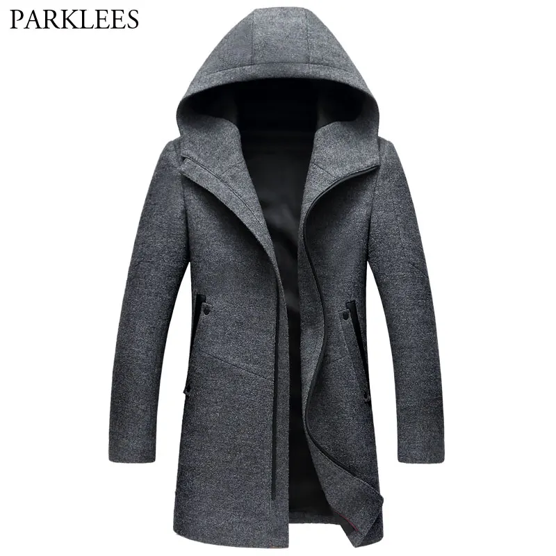 

Long Hooded Trench Coat Men 2018 Brand New Winter Men's Cashmere Hoodie Jacket Warm Zipper Slim Windbreaker Woolen Pea Coat Gray