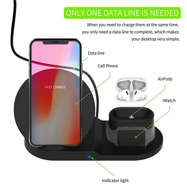 3 в 1 Беспроводная подставка для зарядного устройства для iPhone X Max XR iWatch 3 4 AirPod 10 Вт Qi быстрый беспроводной зарядный блок для samsung Galaxy S10
