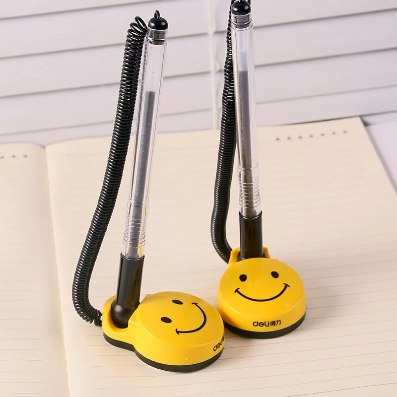 

10Pcs Desk Registration Pen Yellow Smile FaceCounter Sticky Table Rotatable Gel Signature Black Ink Office Shop School 6793