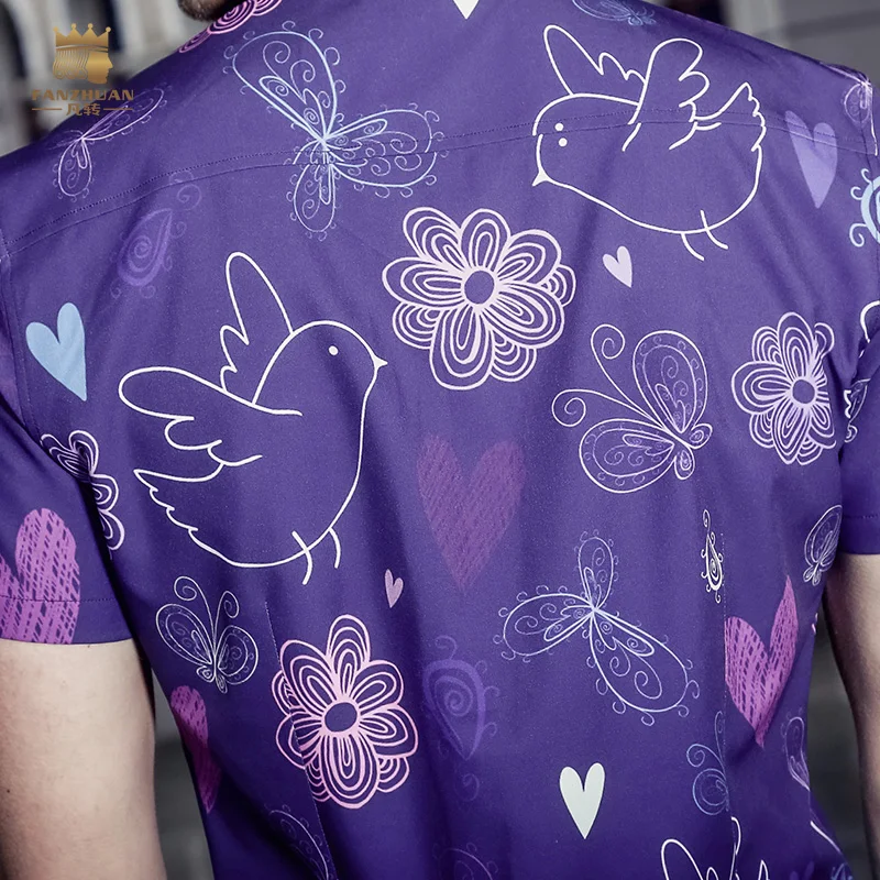 Мужская рубашка с коротким рукавом Fanzhuan повседневная фиолетовая блузка принтом