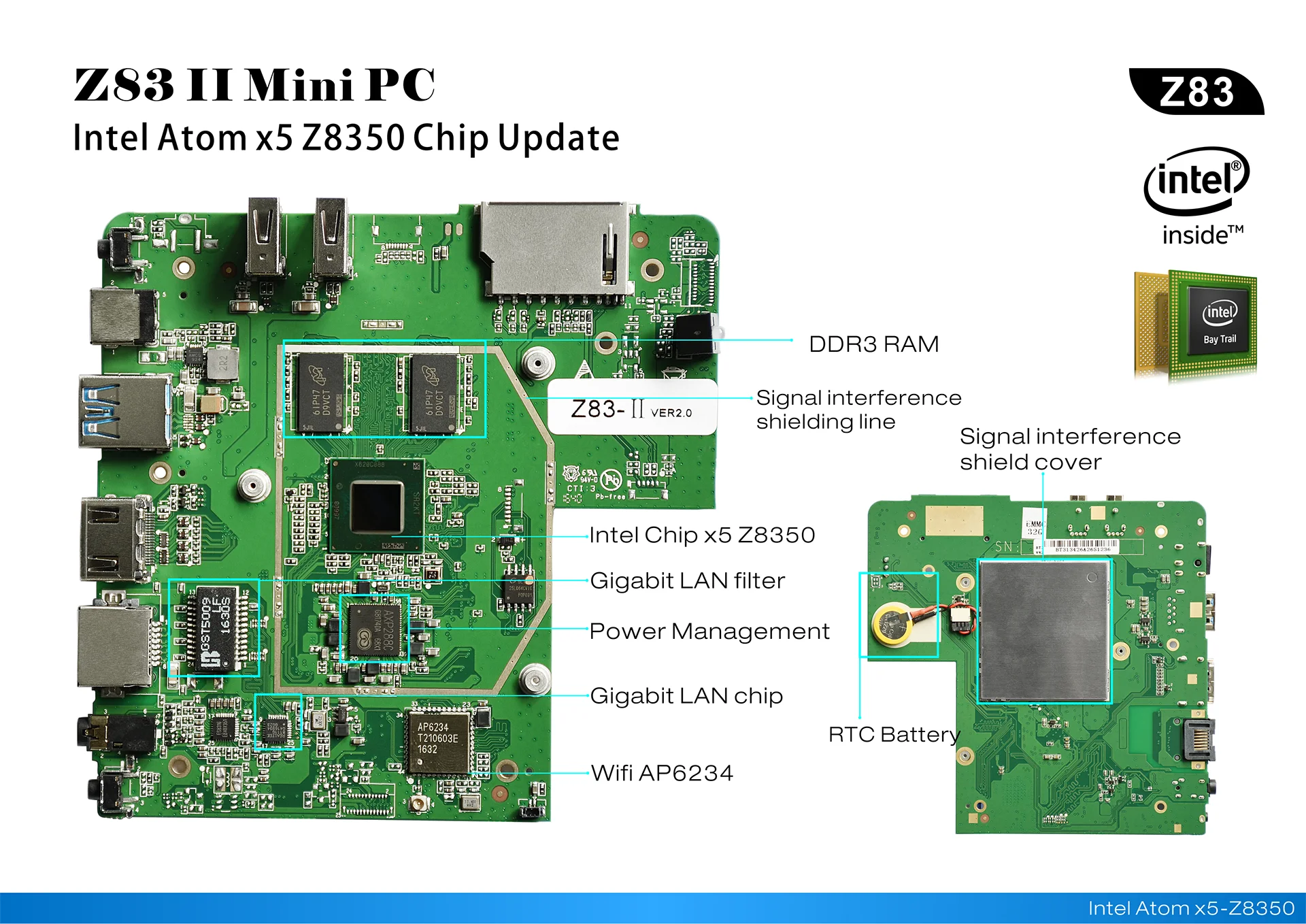 Z83II Мини ПК Windows 10 Intel Atom Z8350 Четырехъядерный 4 ГБ/64 Гб 5,8G двойной WiFi 1000M LAN Настольный win10 лицензированный Мини компьютер