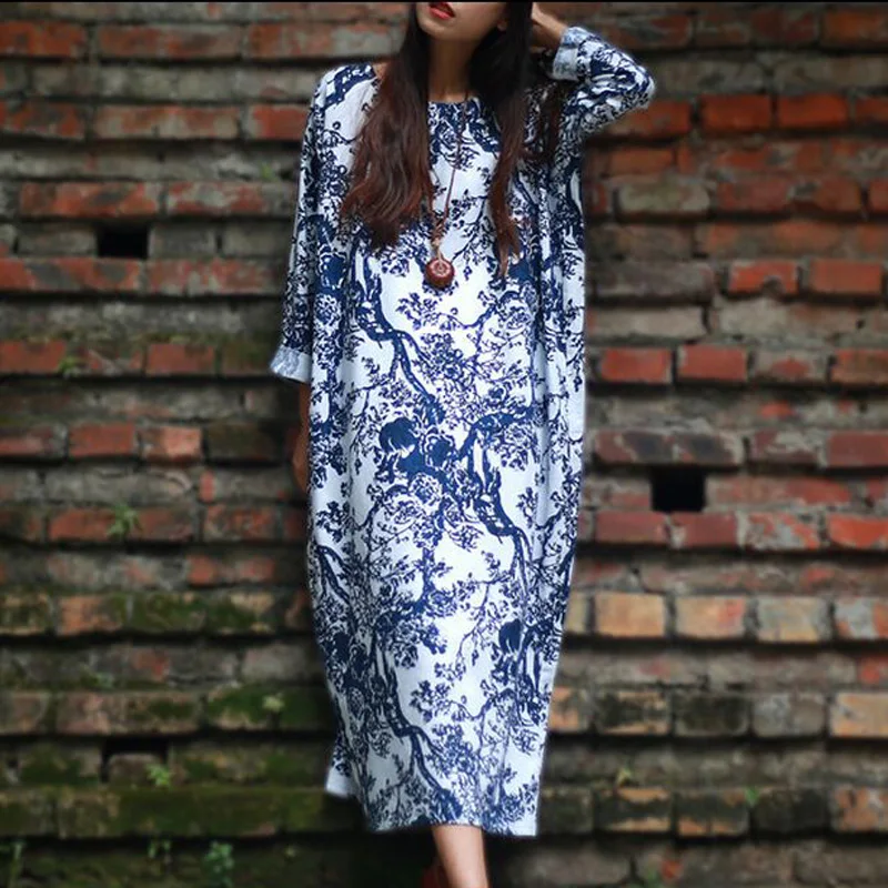 Женское летнее платье макси свободное винтажное трапециевидной формы с длинными