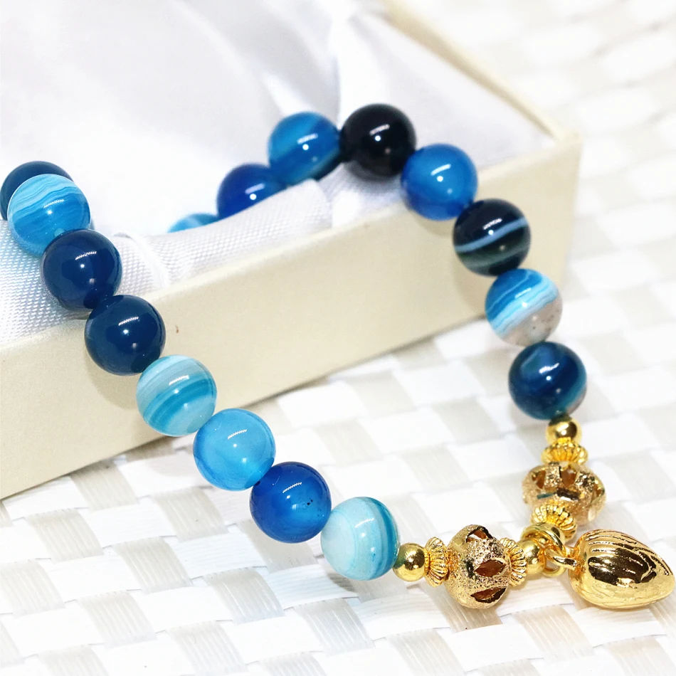 Мода 8 мм синий венок нитка круглых бусин Браслеты Натуральный Сердолик Оникс
