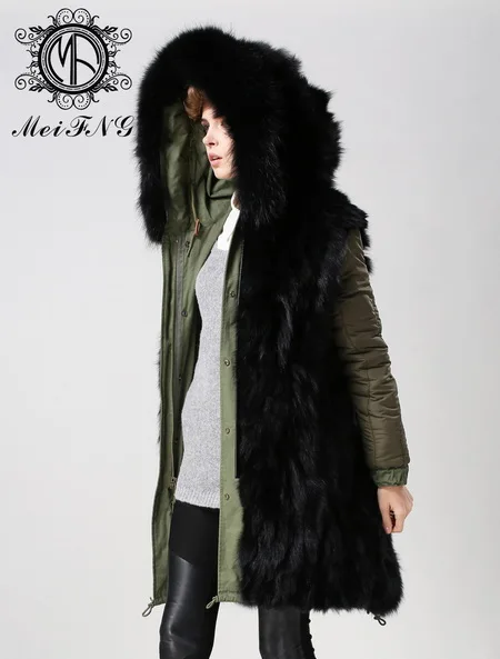 Зимняя Модная парка с искусственным мехом черного цвета зеленая/темно