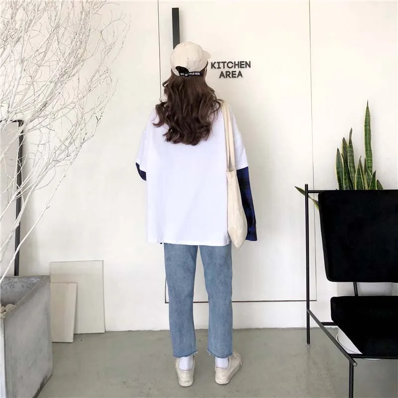 NiceMix Harajuku футболка Женские топы Поддельные 2 шт. футболка Лоскутная клетчатая рубашка с длинным рукавом Уличная рубашка Camiseta Feminina